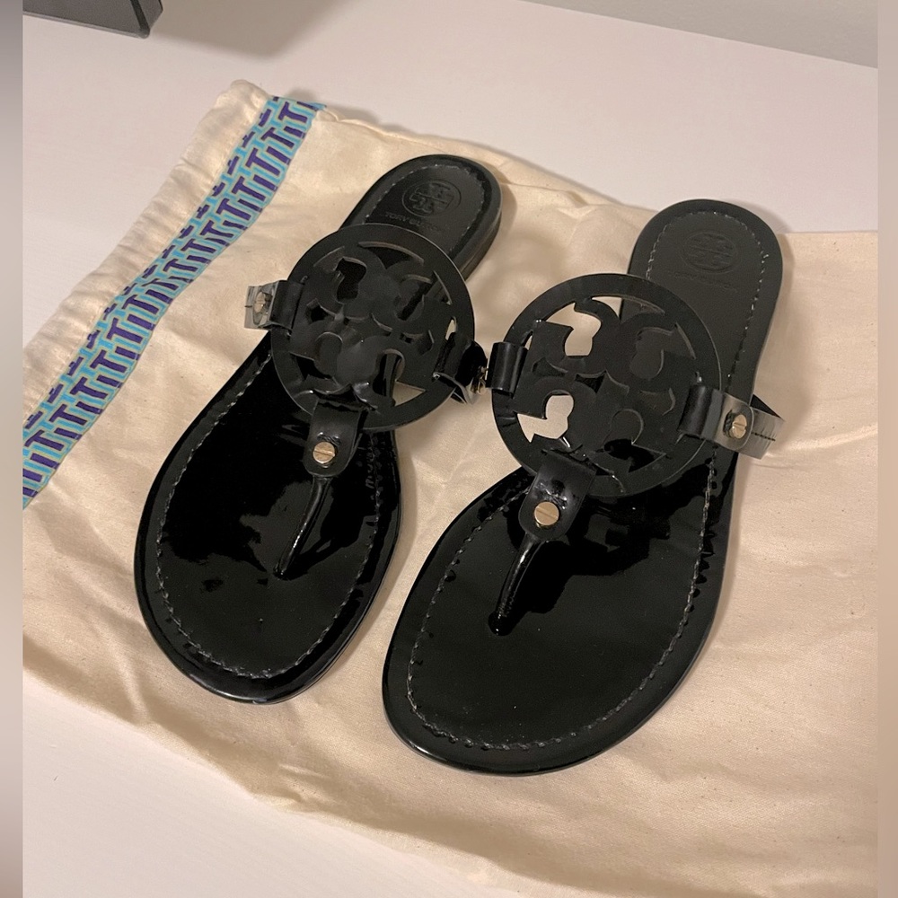 Black Patent Leather Tory Burch Miller Sandals, size 9